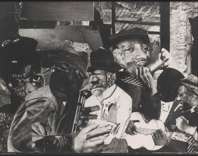 Black and white collage of different dark-skinned faces and performing musical instruments